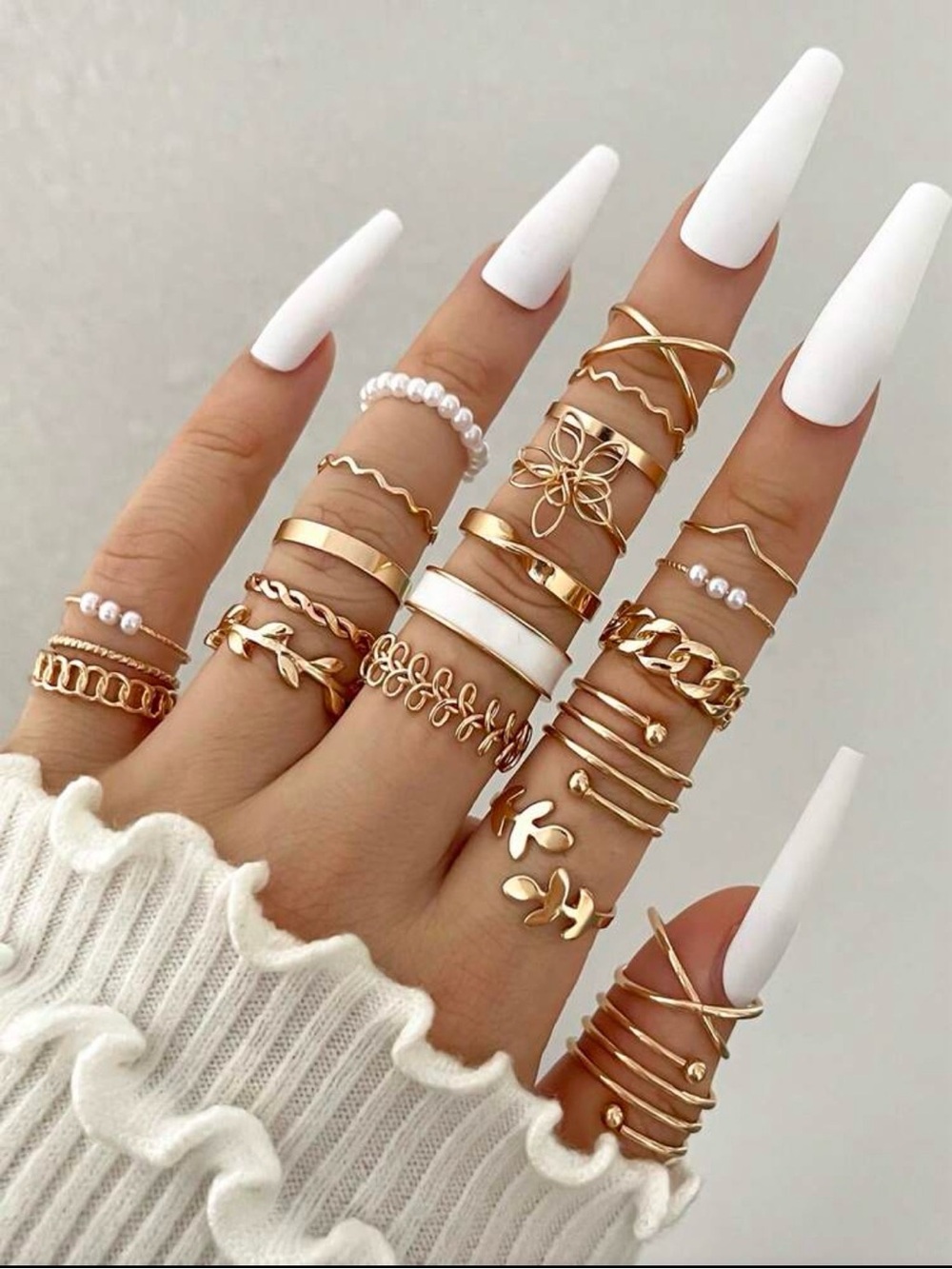 Bohemian 22pc Yellow Gold pave Floral Pearl Ring stack Set viral ๐ leaf Jewel ๐ธ - Picture 1 of 3